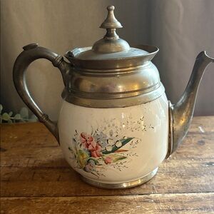 Antique Hand-Painted Enamel & Pewter Floral Teapot | Cottage-core Decor